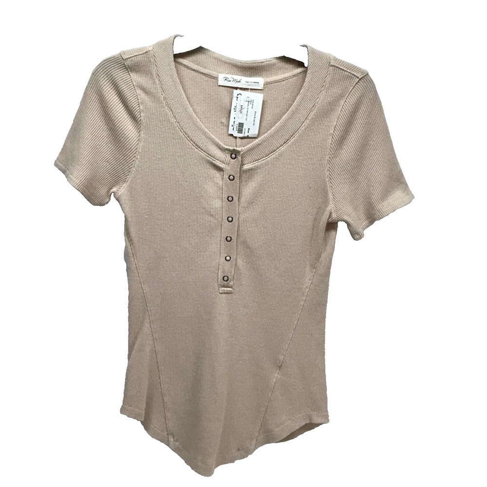 Rae Mode Women's Oatmeal Small Short Sleeve Thermal Henley Top NEW(G3)